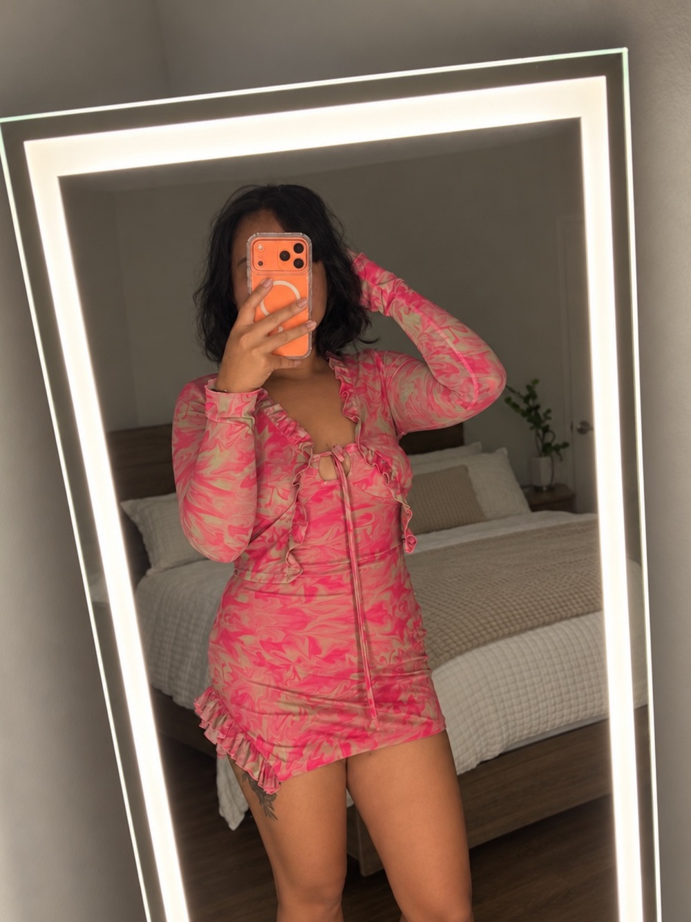 Pink Floral Ruffle Tie-Front Mini Dress
